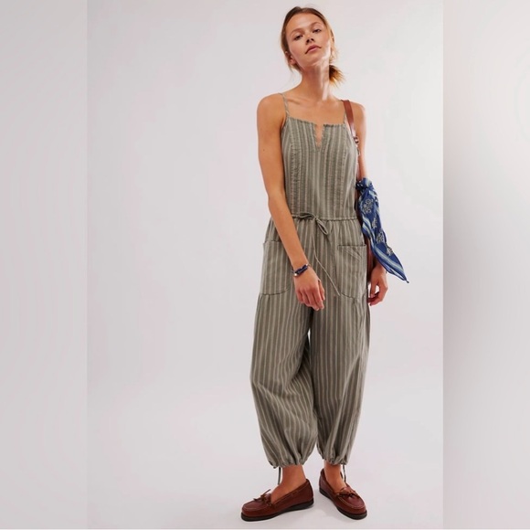 Free People Faded Sage Green and cream striped Verona Jumpsuit with barrel pants - Picture 5 of 8